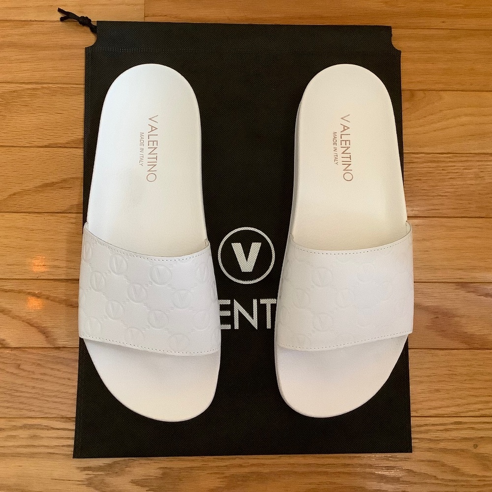 VALENTINO BY MARIO VALENTINO Eros Monogram Leather Slide Sandal Men White SZ 12